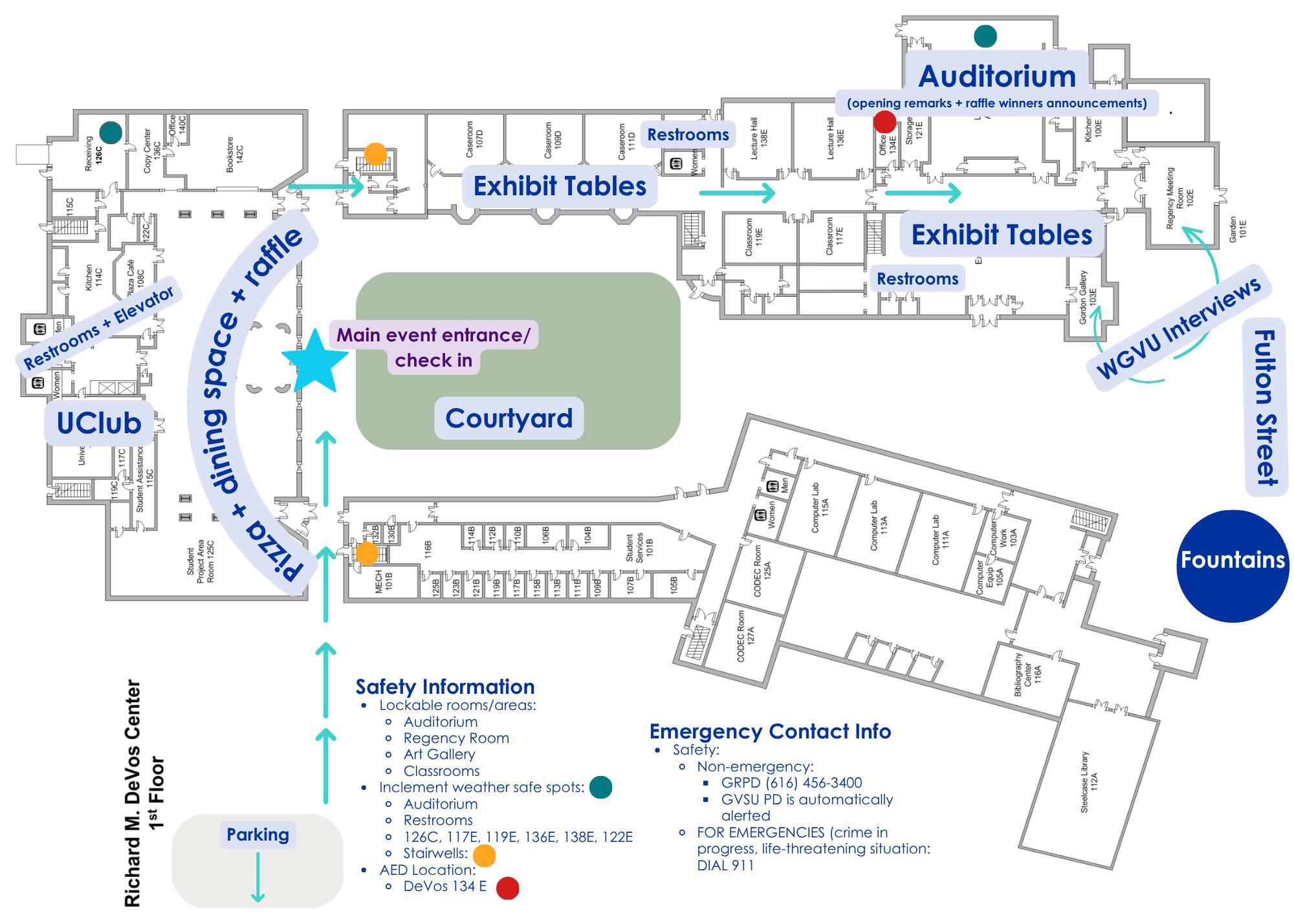 Map overview of the GVSU DeVos Center; the atrium plaza is labeled with sections for pizza, the raffle, check-in; hallways will have exhibit tables.